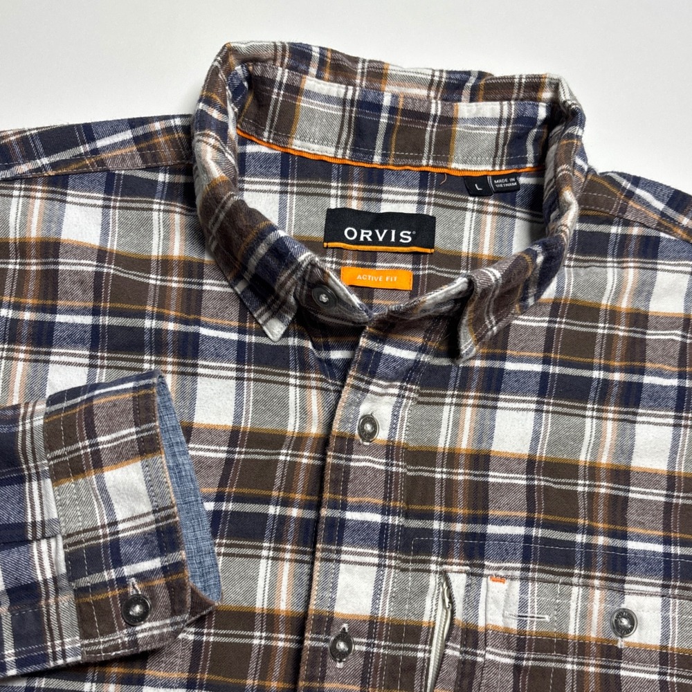 Orvis Active Fit Plaid Flannel Mens L Shirt Brown Navy Long Sleeve Button Down